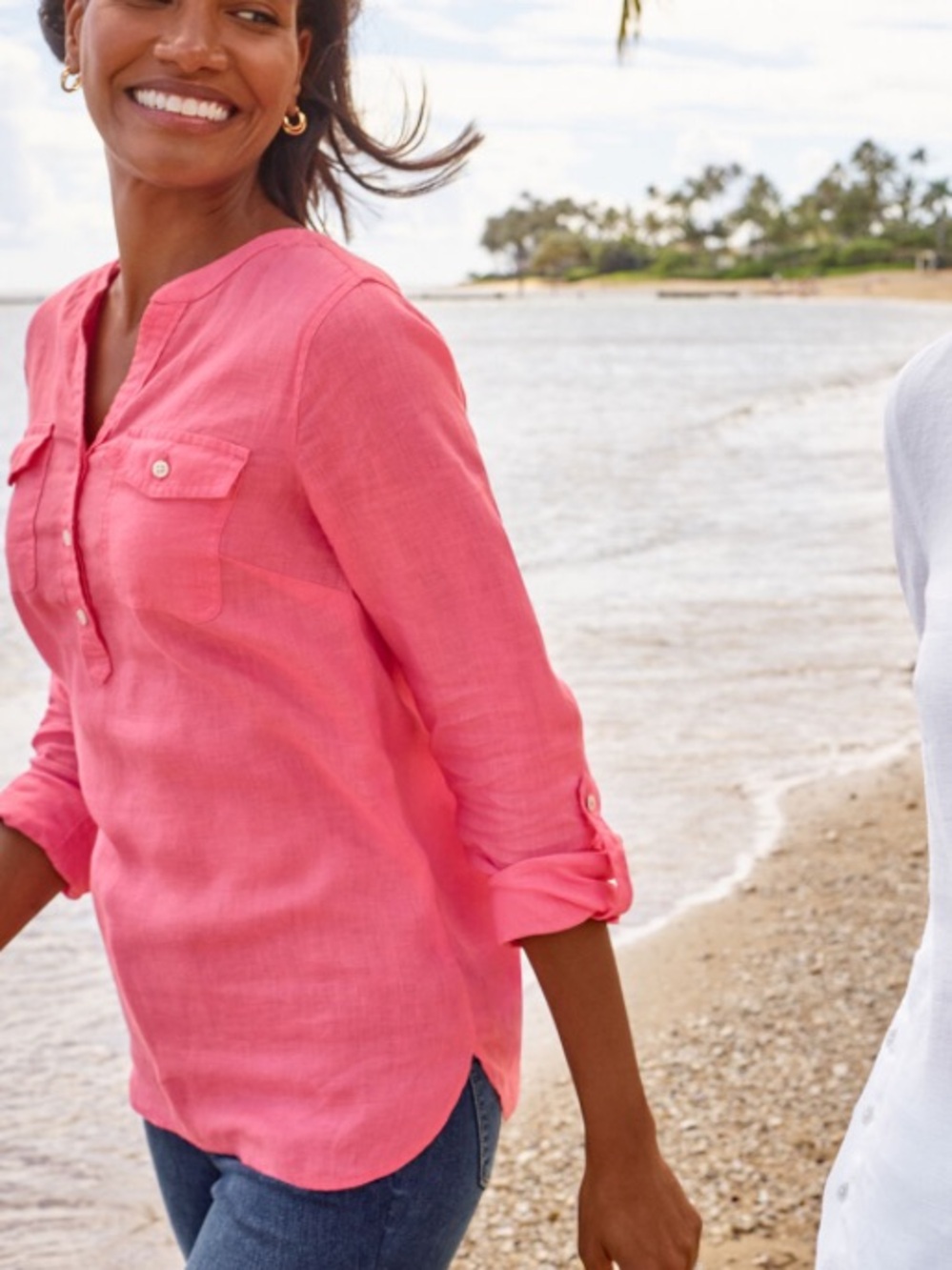 TALBOTS LINEN POPOVER SHIRT PINK ROLL TAB BEACHY LINEN TOP SPLIT V-NECK SMALL